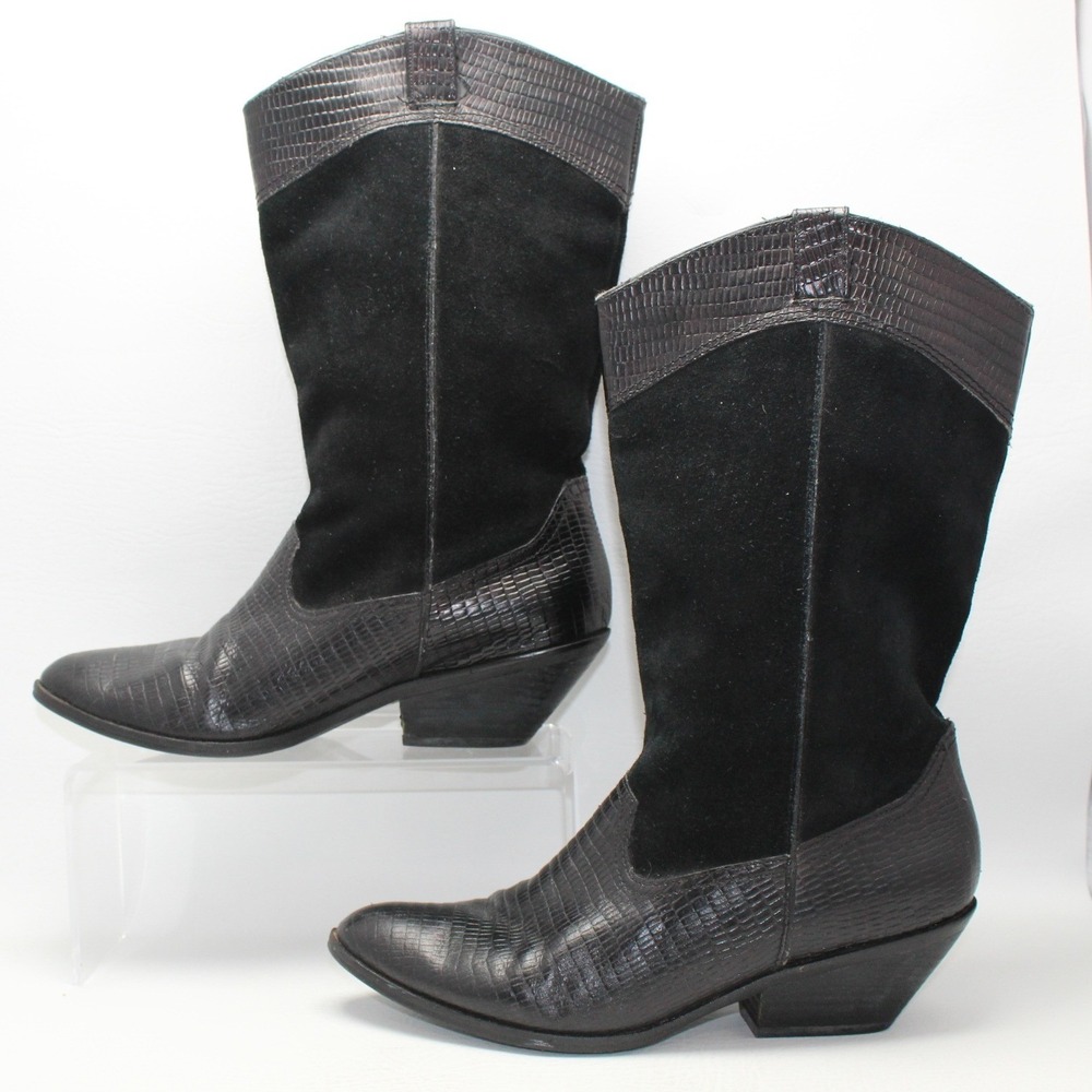 Reba Rodeo Womens Black Suede Lizard Embossed Leather Cowboy Boots 7.5M 44705001
